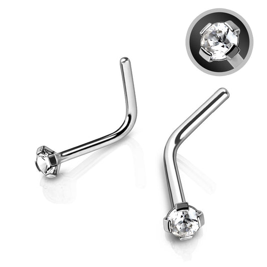 316L Stainless Steel Prong Set CZ L Bend Nose Ring - Skin Metals