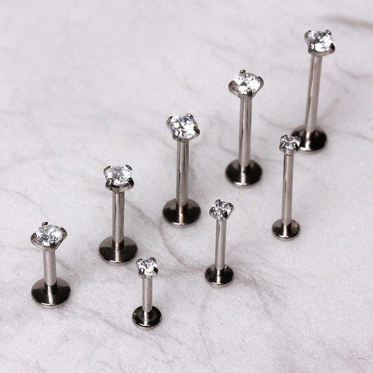 316L Stainless Steel Push In Labret with Clear Prong Set CZ - Skin Metals