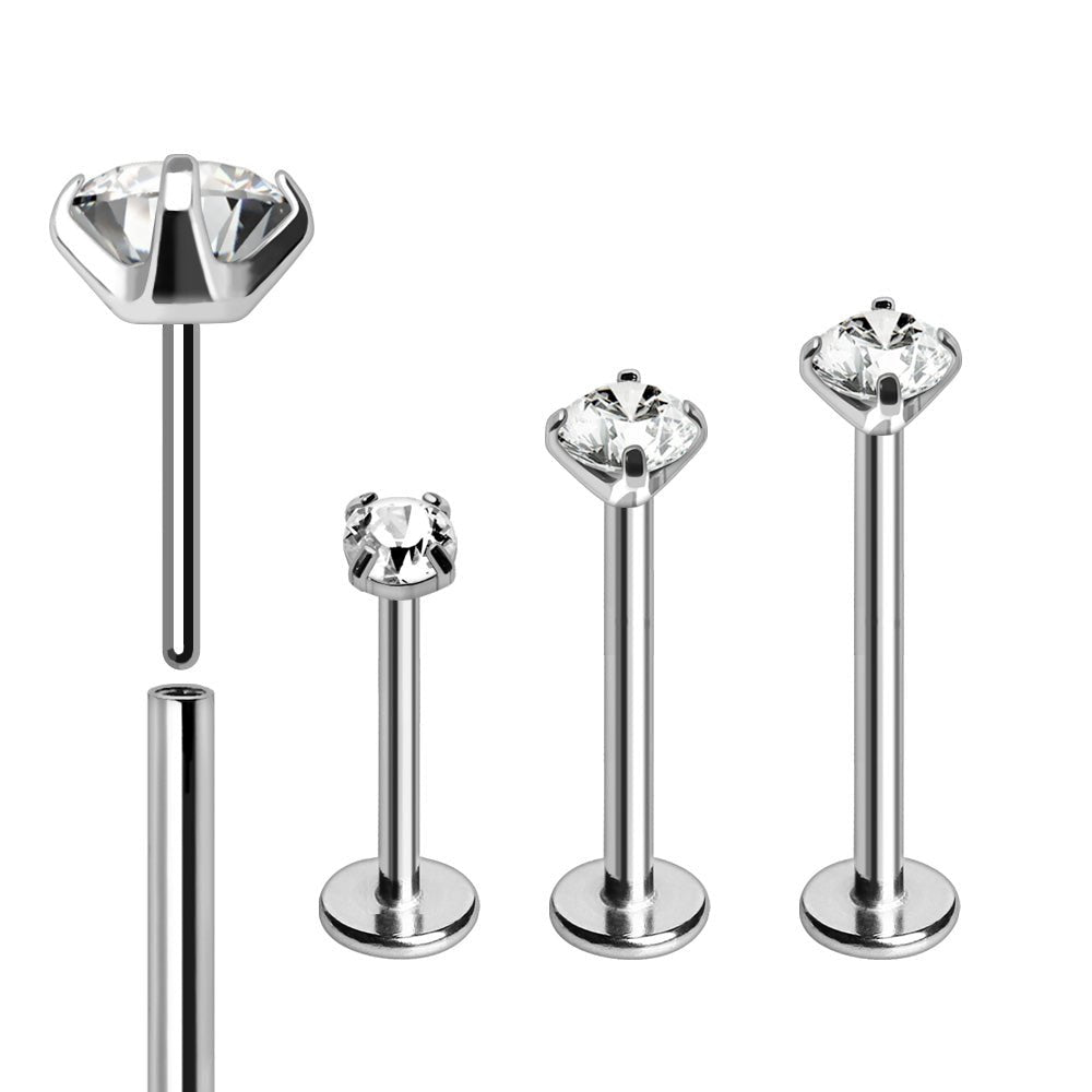 316L Stainless Steel Push In Labret with Clear Prong Set CZ