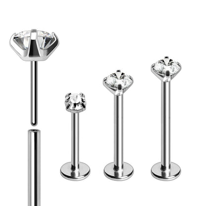 316L Stainless Steel Push In Labret with Clear Prong Set CZ