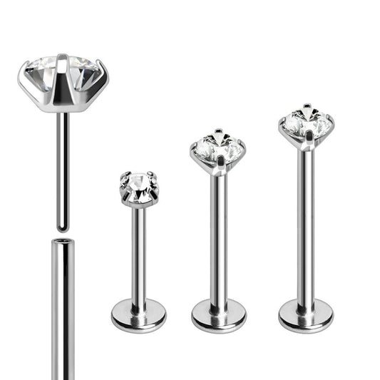 316L Stainless Steel Push In Labret with Clear Prong Set CZ - Skin Metals