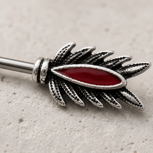 316L Stainless Steel Red Feather Arrow Nipple Bar - Skin Metals
