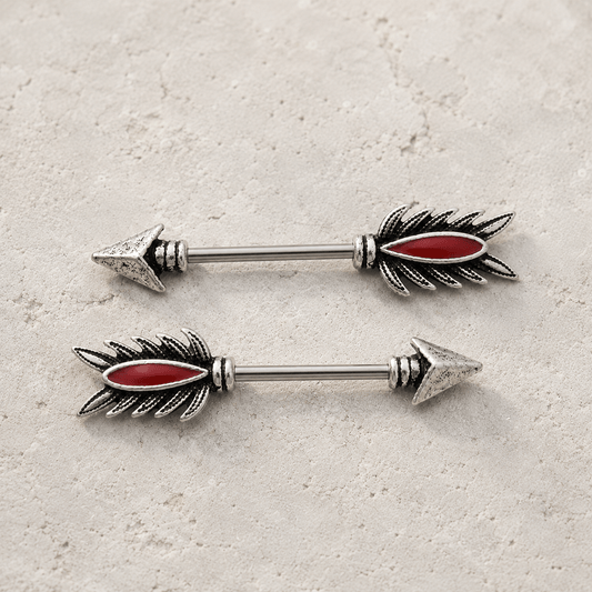 316L Stainless Steel Red Feather Arrow Nipple Bar - Skin Metals