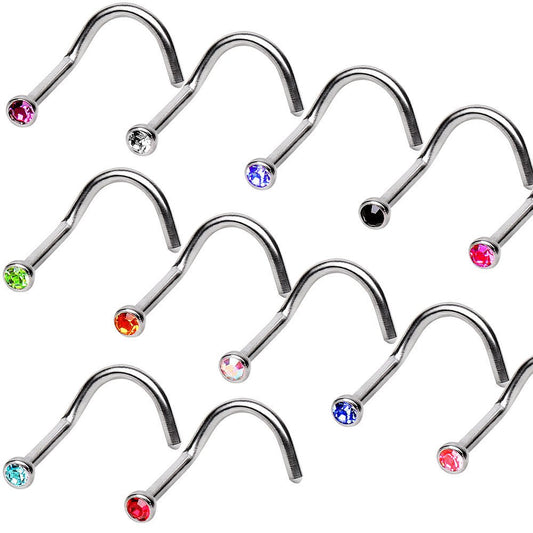 316L Stainless Steel Screw Nose Ring with Press Fitted Gem - Skin Metals