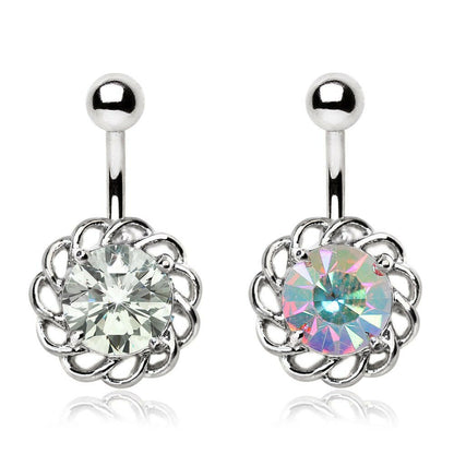 Stainless Steel Sparkling Flower Navel Ring Navel Ring Impulse Piercings Aurora Borealis