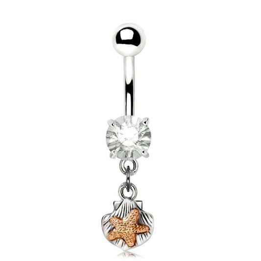 Stainless Steel Starfish on Seashell Dangle Navel Ring Navel Ring Impulse Piercings