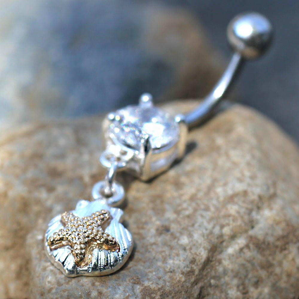 Stainless Steel Starfish on Seashell Dangle Navel Ring Navel Ring Impulse Piercings