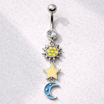 316L Stainless Steel Sun Moon Star Dangle Navel Ring With Enamel And CZ Navel Ring Skin Metals