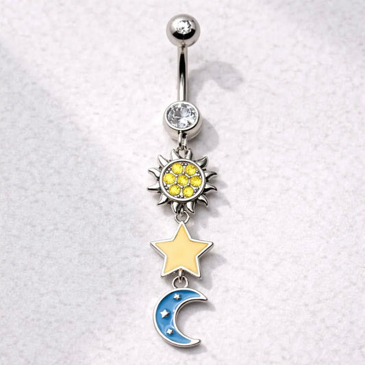 316L Stainless Steel Sun Moon Star Dangle Navel Ring With Enamel And CZ Navel Ring Skin Metals