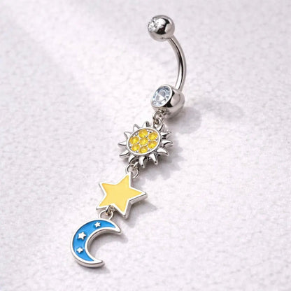 316L Stainless Steel Sun Moon Star Dangle Navel Ring With Enamel And CZ Navel Ring Skin Metals