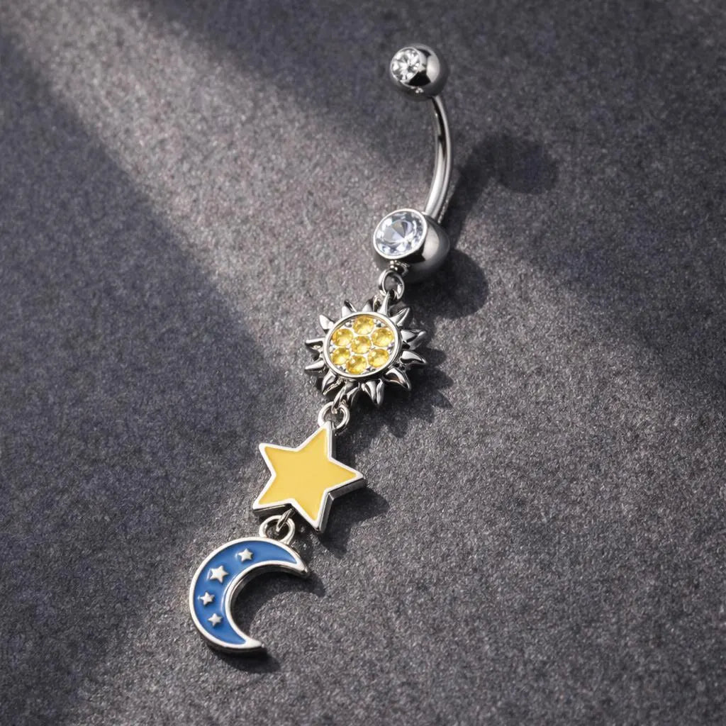 316L Stainless Steel Sun Moon Star Dangle Navel Ring With Enamel And CZ Navel Ring Skin Metals