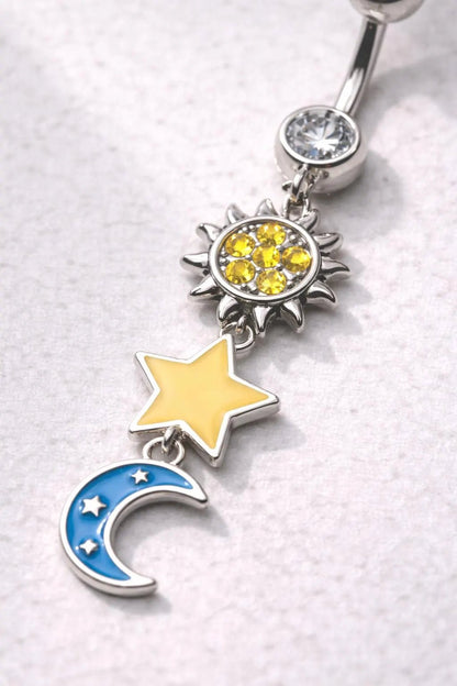 316L Stainless Steel Sun Moon Star Dangle Navel Ring With Enamel And CZ Navel Ring Skin Metals
