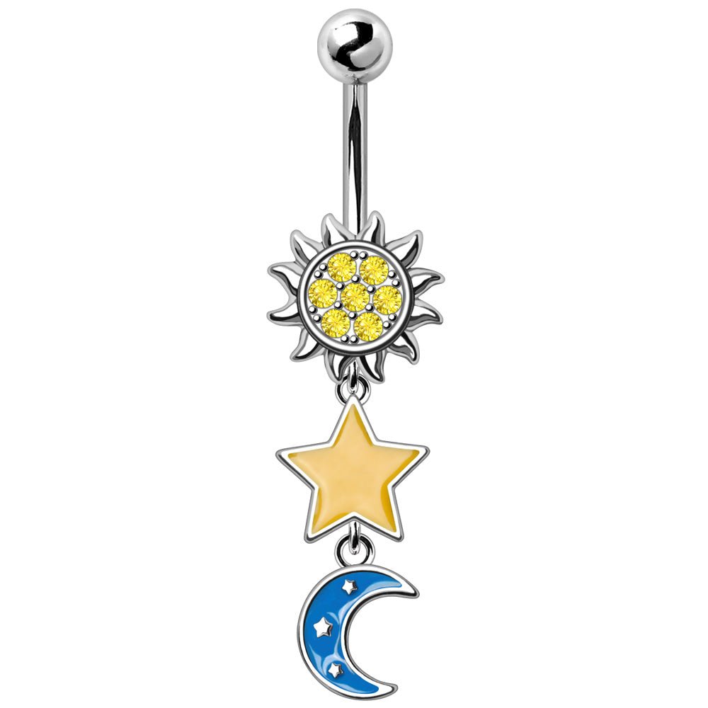 316L Stainless Steel Sun Moon Star Dangle Navel Ring With Enamel And CZ Navel Ring Skin Metals