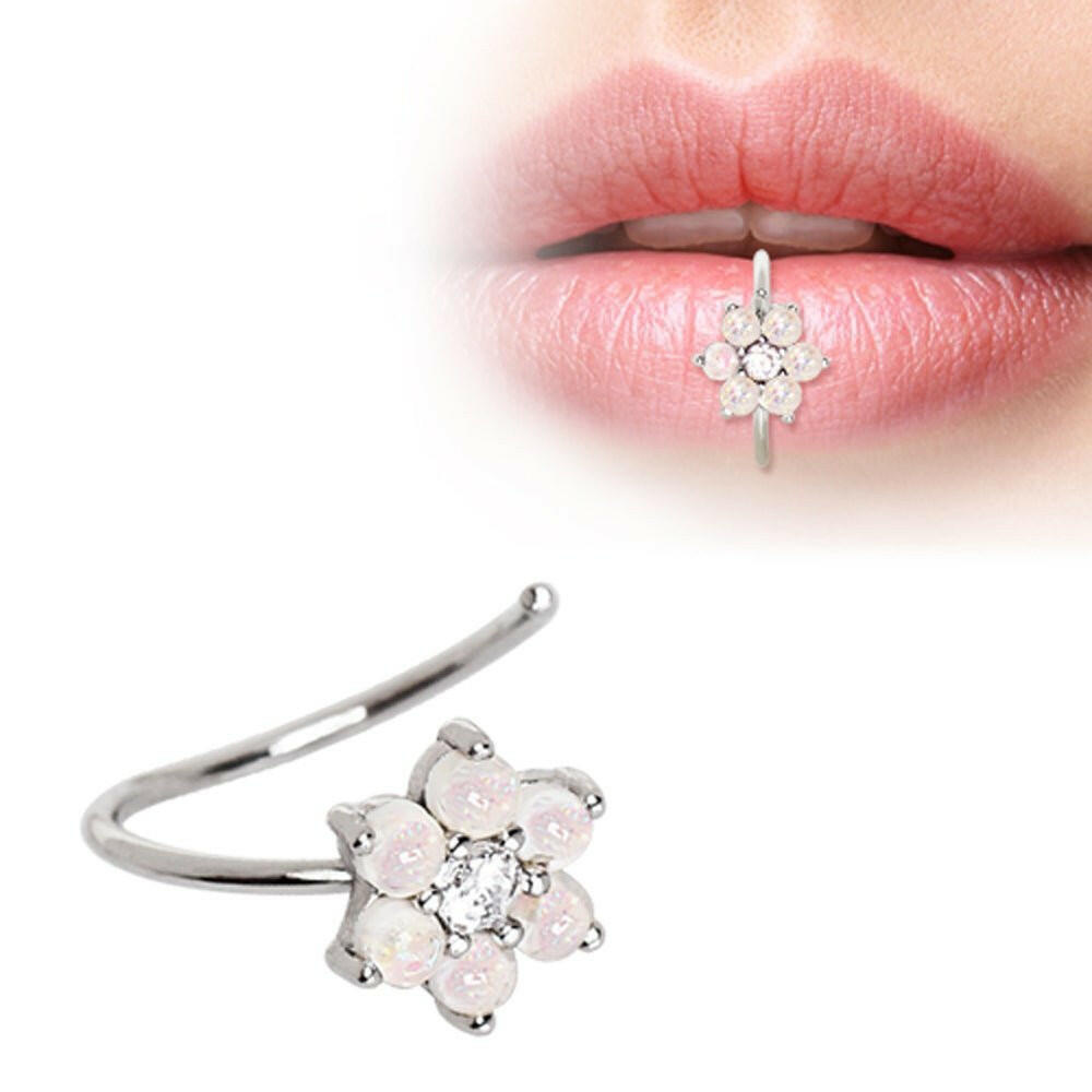 Stainless Steel Synthetic Opal Flower Lip Ring Labret Impulse Piercings