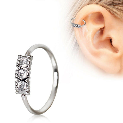 Stainless Steel Synthetic Triple CZ Cartilage Earring / Nose Hoop Ring Cartilage Impulse Piercings