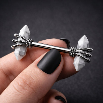 316L Stainless Steel Triple Claw Nipple Bar with Howlite Stones
