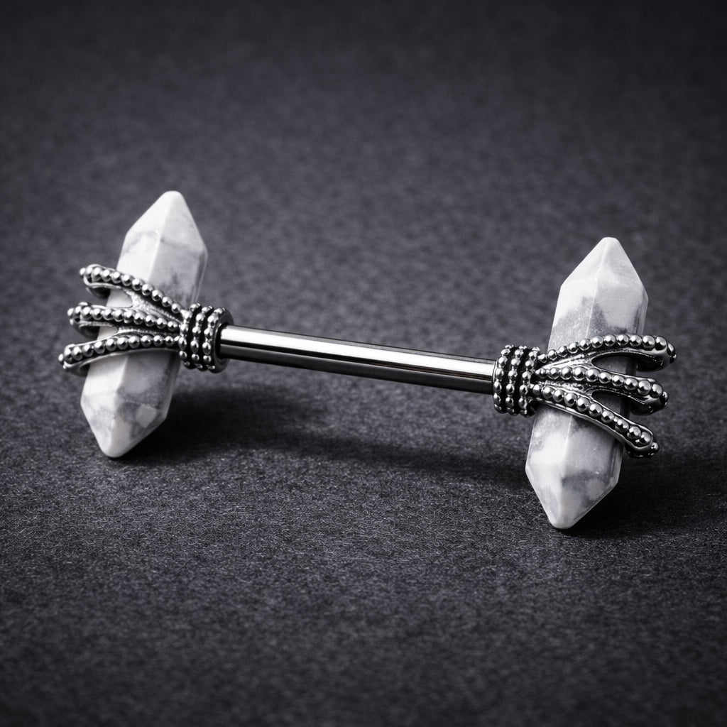 316L Stainless Steel Triple Claw Nipple Bar with Howlite Stones