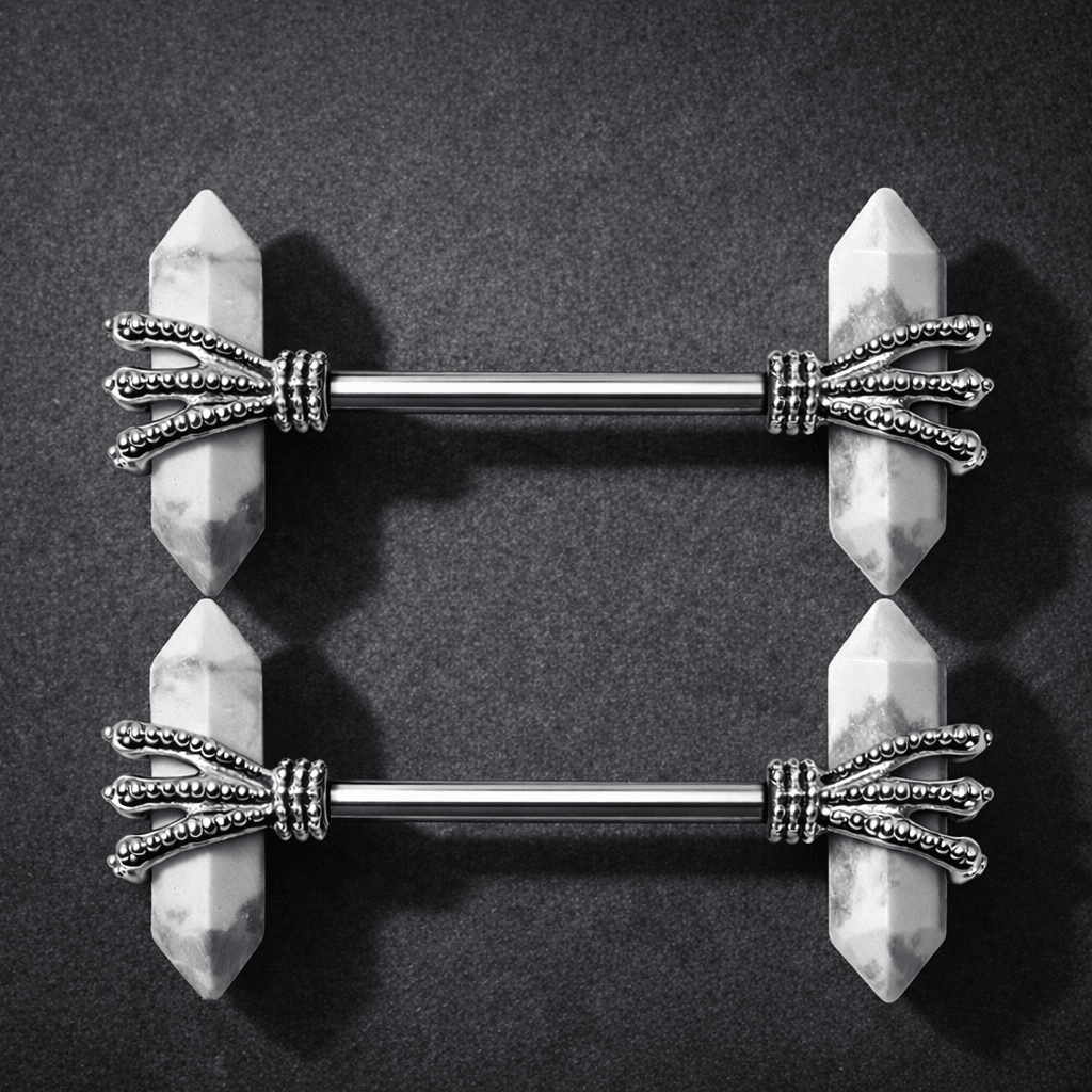 316L Stainless Steel Triple Claw Nipple Bar with Howlite Stones