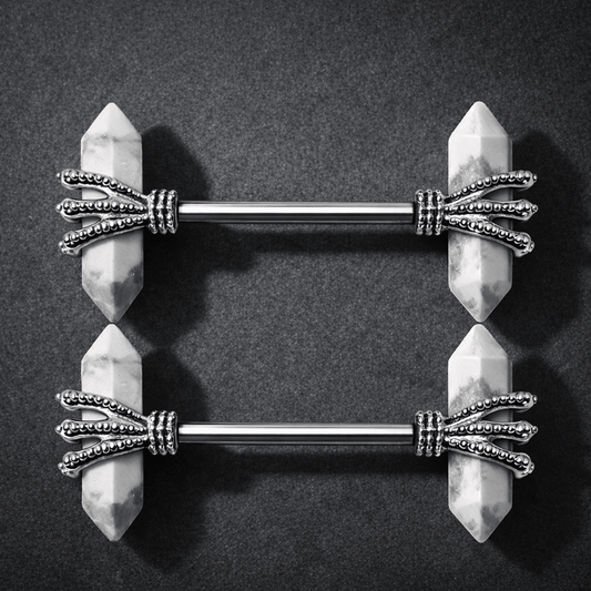 316L Stainless Steel Triple Claw Nipple Bar with Howlite Stones