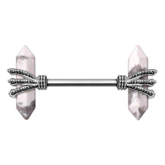 316L Stainless Steel Triple Claw Nipple Bar with Howlite Stones - Skin Metals