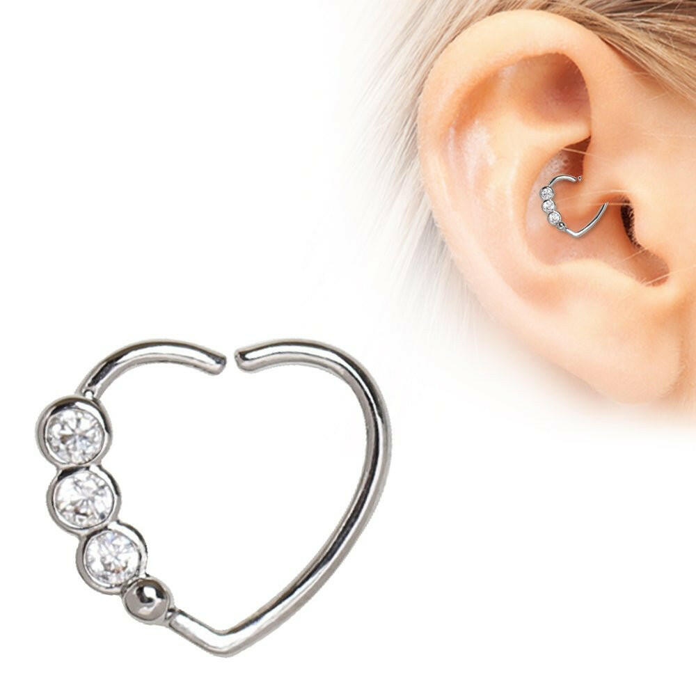 Stainless Steel Triple CZ Heart Annealed Cartilage Earring Captive Bead Impulse Piercings