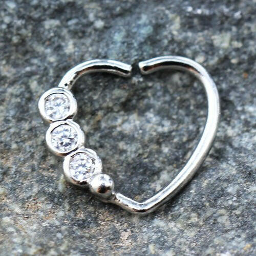 Stainless Steel Triple CZ Heart Annealed Cartilage Earring Captive Bead Impulse Piercings