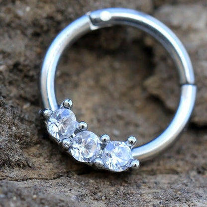 Stainless Steel Triple CZ Seamless Clicker Ring Captive Bead Impulse Piercings