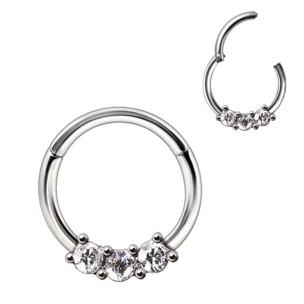 Stainless Steel Triple CZ Seamless Clicker Ring Captive Bead Impulse Piercings