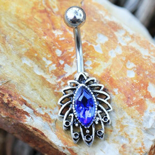 Stainless Steel Tropical Leaf with Sapphire Blue CZ Navel Ring Navel Ring Impulse Piercings