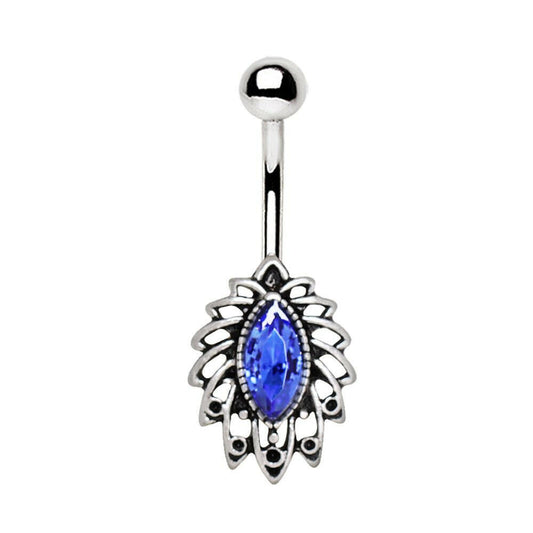 Stainless Steel Tropical Leaf with Sapphire Blue CZ Navel Ring Navel Ring Impulse Piercings