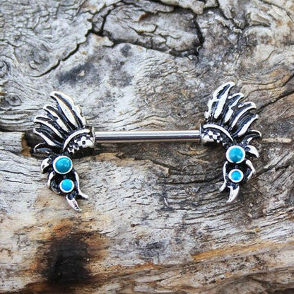 Stainless Steel Turquoise Feather Headdress Nipple Bar Nipple Ring Impulse Piercings