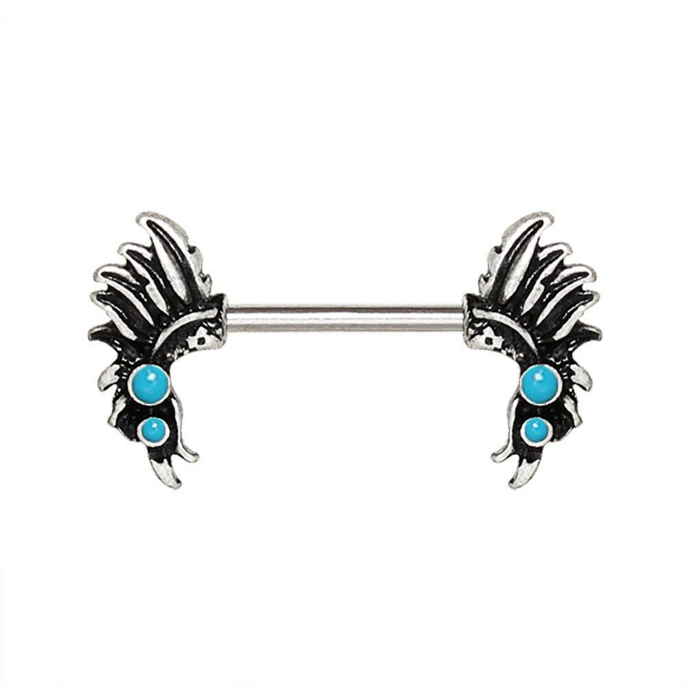 Stainless Steel Turquoise Feather Headdress Nipple Bar Nipple Ring Impulse Piercings