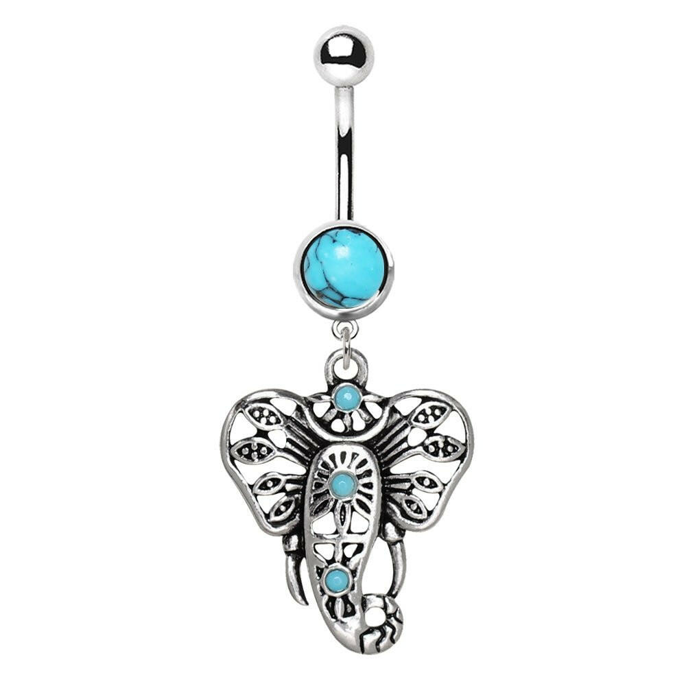 Stainless Steel Turquoise Festive Elephant Dangle Navel Ring Navel Ring Impulse Piercings