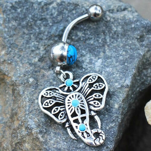 Stainless Steel Turquoise Festive Elephant Dangle Navel Ring Navel Ring Impulse Piercings