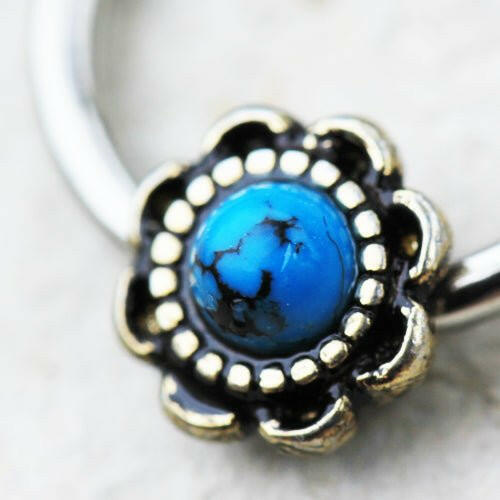 Stainless Steel Turquoise Flower Snap-in Captive Bead Ring / Septum Ring Captive Bead Impulse Piercings