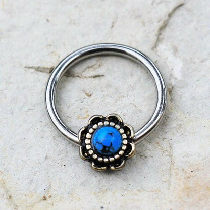 Stainless Steel Turquoise Flower Snap-in Captive Bead Ring / Septum Ring Captive Bead Impulse Piercings