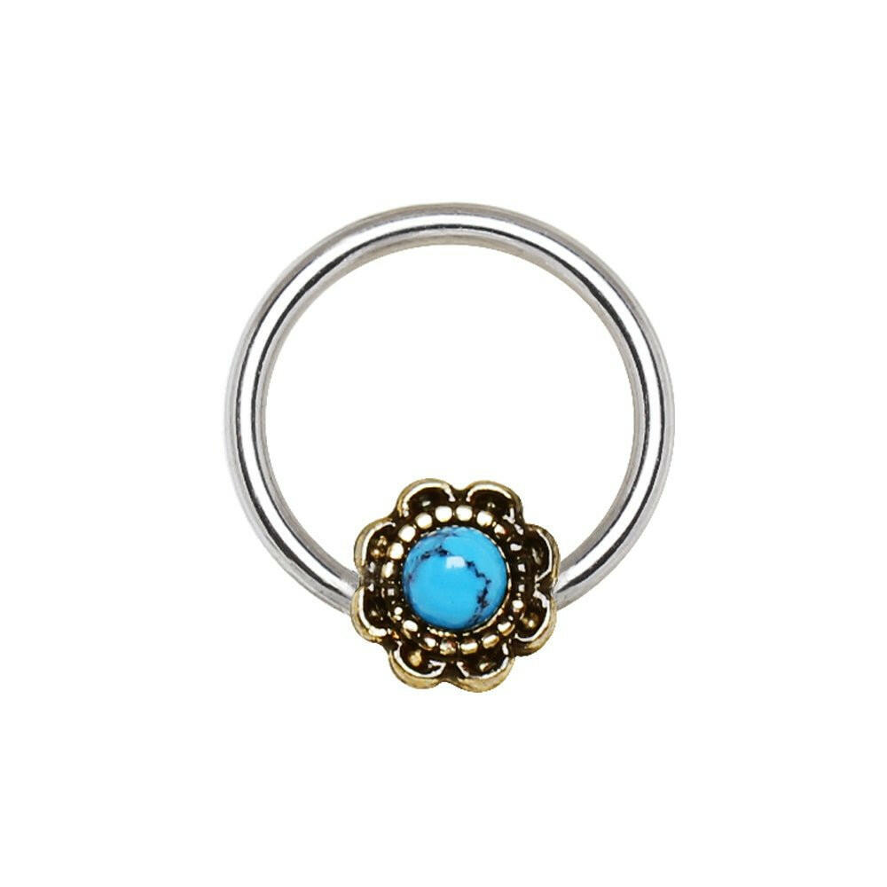 Stainless Steel Turquoise Flower Snap-in Captive Bead Ring / Septum Ring Captive Bead Impulse Piercings