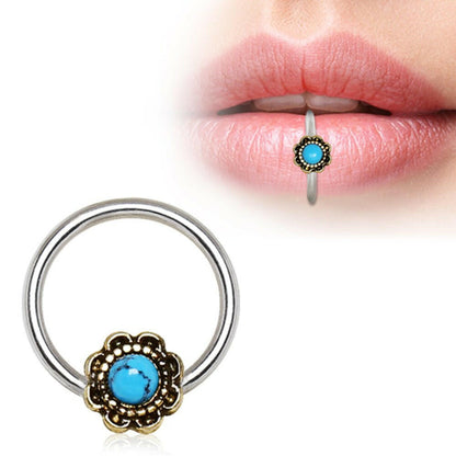 Stainless Steel Turquoise Flower Snap-in Captive Bead Ring / Septum Ring Captive Bead Impulse Piercings