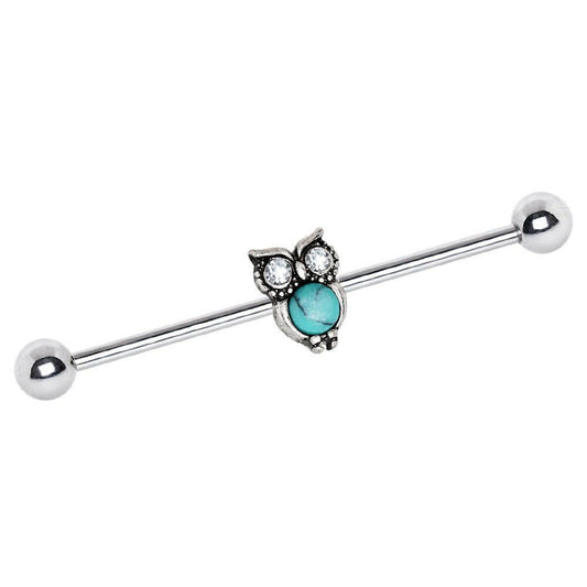 Stainless Steel Turquoise Owl Industrial Barbell Industrial Barbell Impulse Piercings