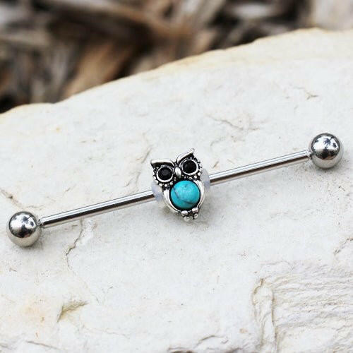 Stainless Steel Turquoise Owl Industrial Barbell Industrial Barbell Impulse Piercings