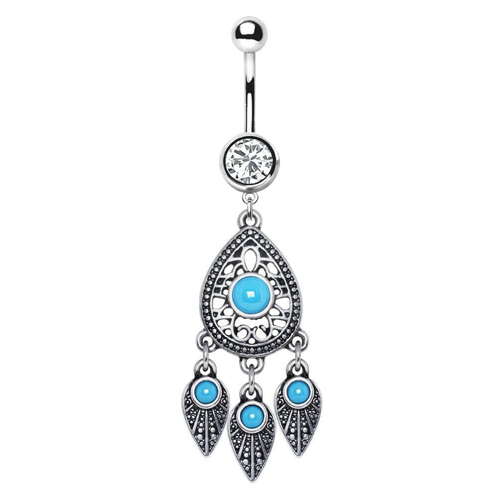 Stainless Steel Turquoise Teardrop and Feather Dangle Navel Ring Navel Ring Impulse Piercings