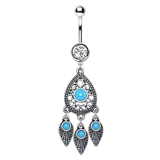 Stainless Steel Turquoise Teardrop and Feather Dangle Navel Ring Navel Ring Impulse Piercings