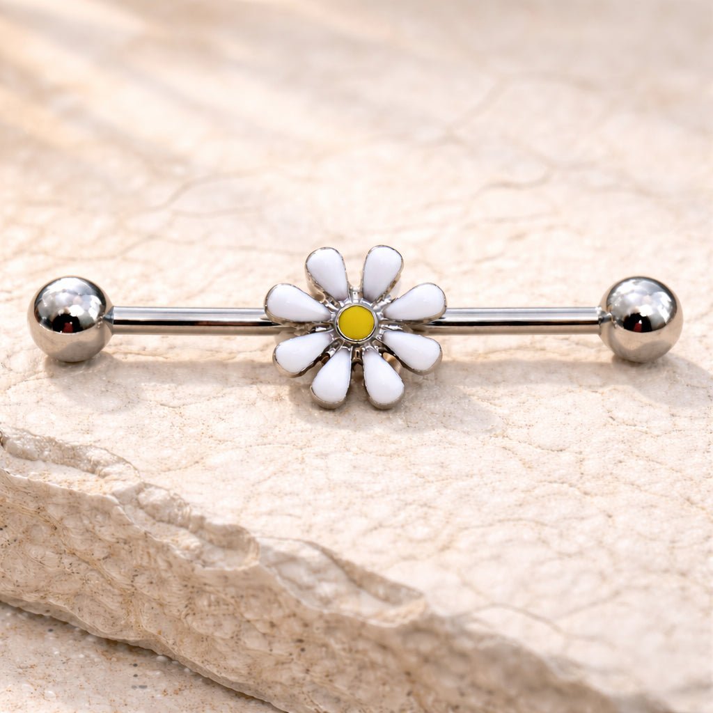316L Stainless Steel White Daisy Industrial Barbell - Skin Metals