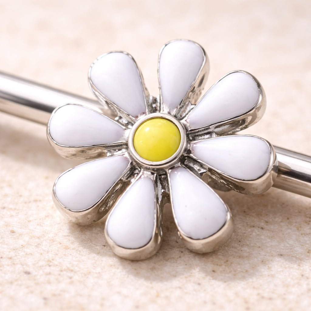 316L Stainless Steel White Daisy Industrial Barbell - Skin Metals