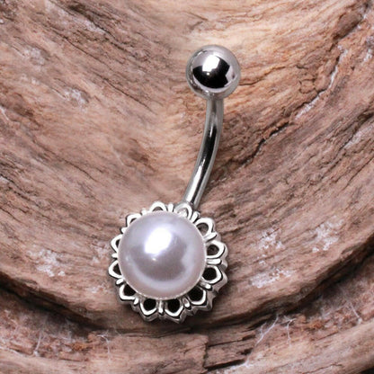 Stainless Steel White Faux Pearl Navel Ring Navel Ring Impulse Piercings