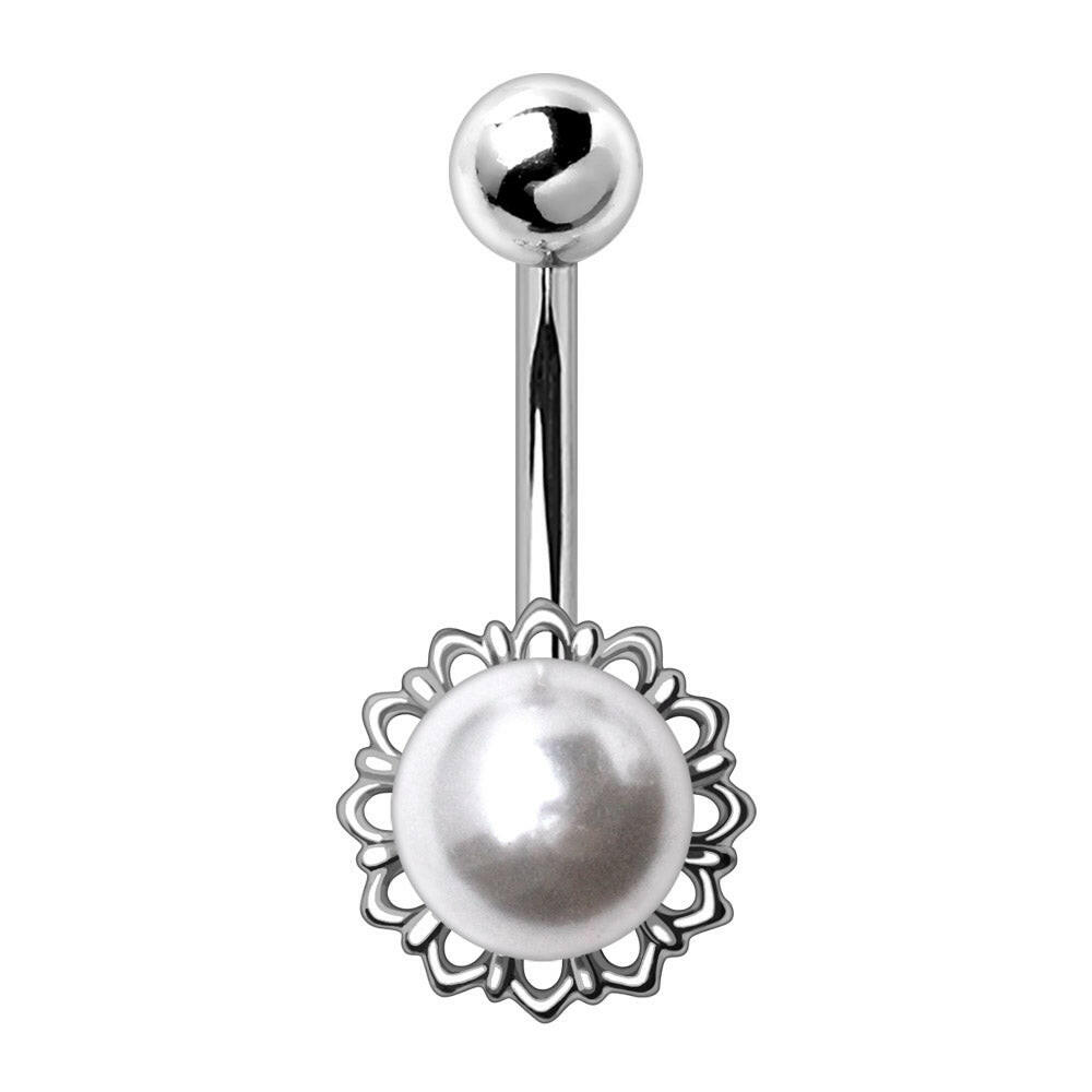 Stainless Steel White Faux Pearl Navel Ring Navel Ring Impulse Piercings