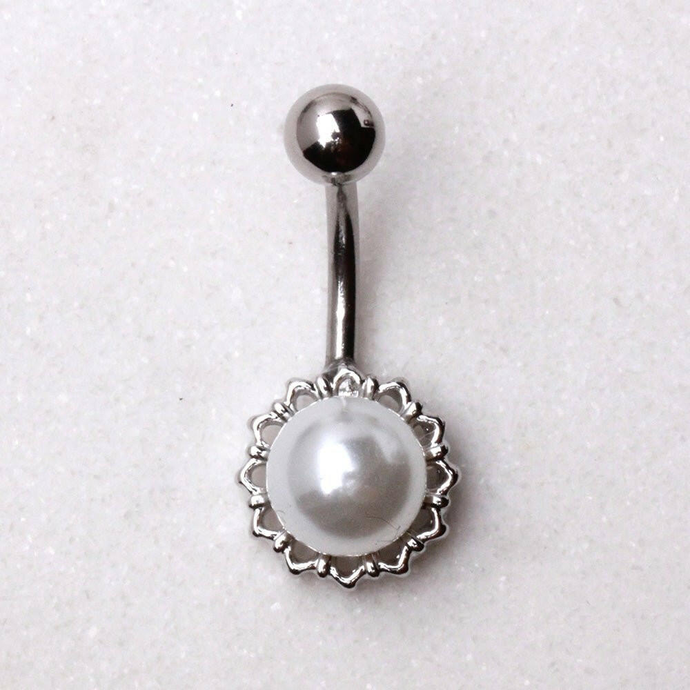 Stainless Steel White Faux Pearl Navel Ring Navel Ring Impulse Piercings