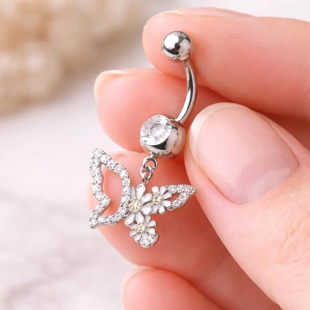 316L Stainless Steel White Flower Butterfly Dangle Navel Ring Navel Ring Skin Metals