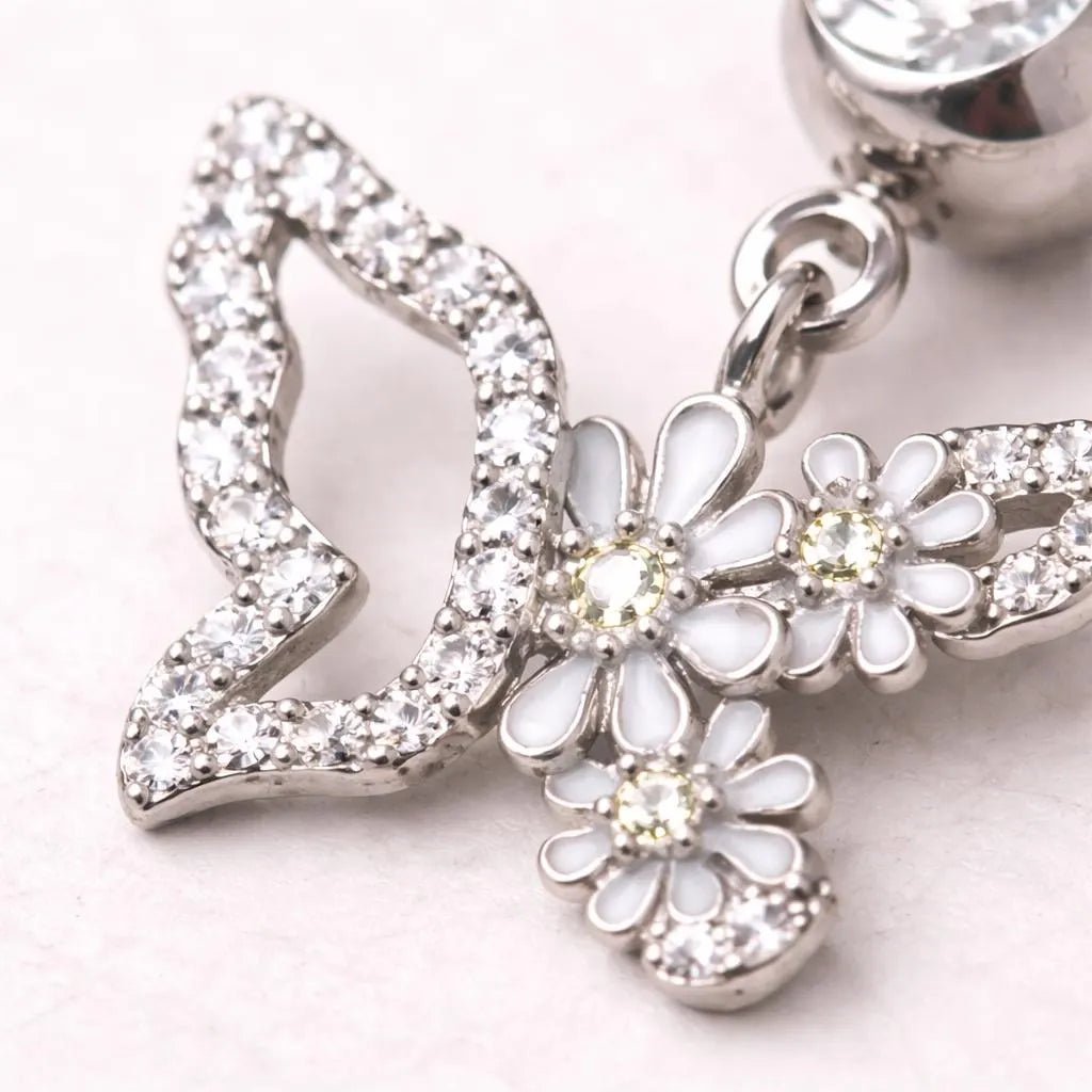 316L Stainless Steel White Flower Butterfly Dangle Navel Ring Navel Ring Skin Metals
