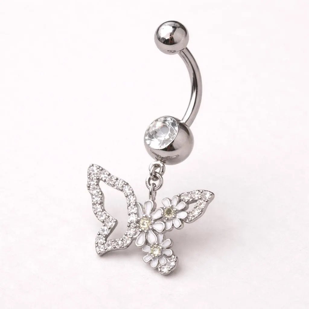 316L Stainless Steel White Flower Butterfly Dangle Navel Ring Navel Ring Skin Metals